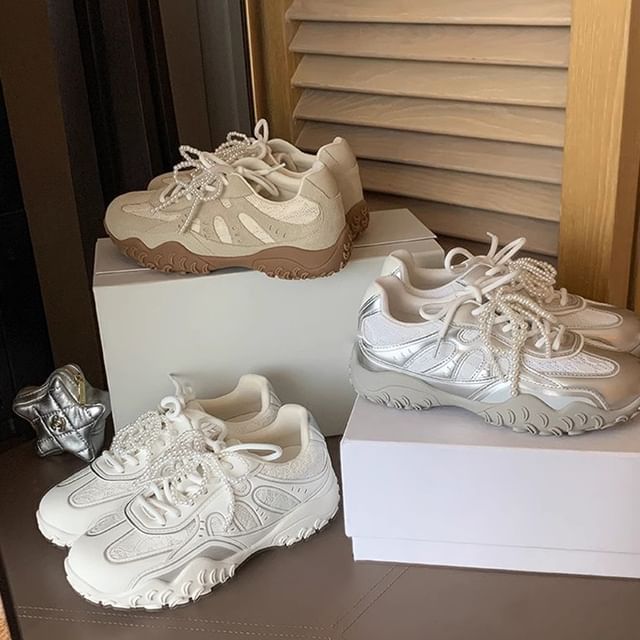 Patterned Lace-Up Platform Sneakers