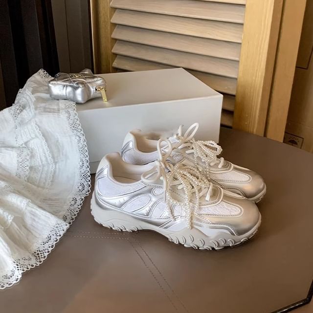 Patterned Lace-Up Platform Sneakers