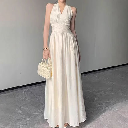 Halter V-Neck Ruched A-Line Maxi Dress