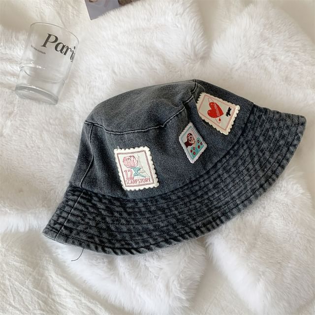 Applique Washed Denim Bucket Hat