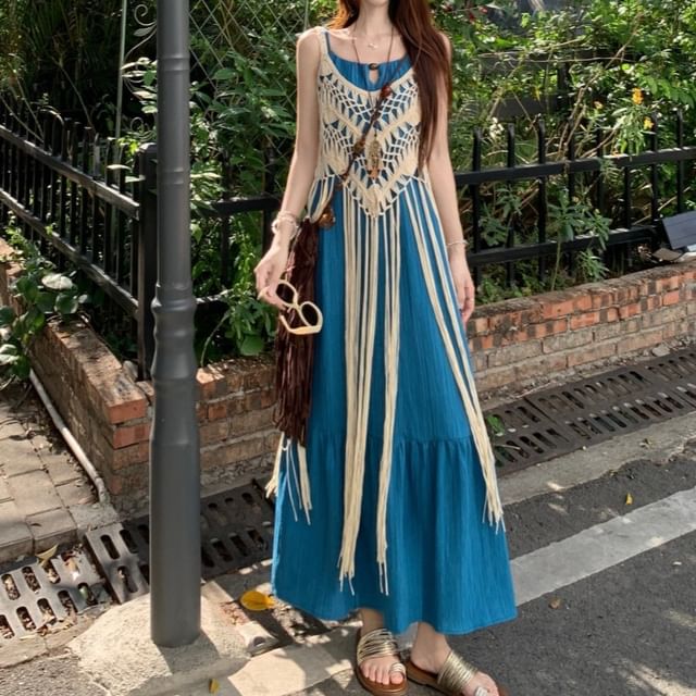Spaghetti Strap Panel Maxi Dress, Fringe Long Camisole