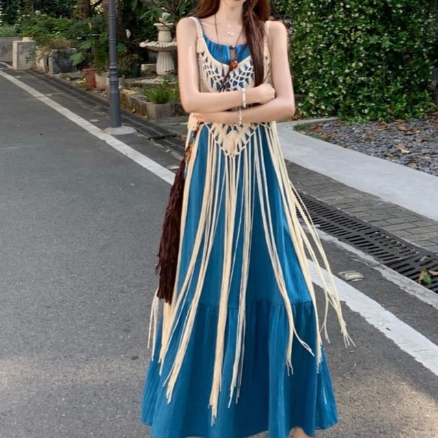 Spaghetti Strap Panel Maxi Dress, Fringe Long Camisole