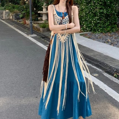 Spaghetti Strap Panel Maxi Dress, Fringe Long Camisole