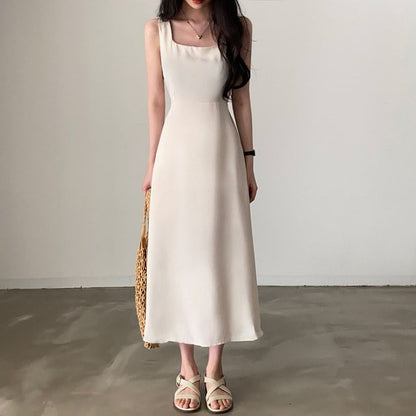 Square Neck A-Line Maxi Dress, Sleeveless Plain
