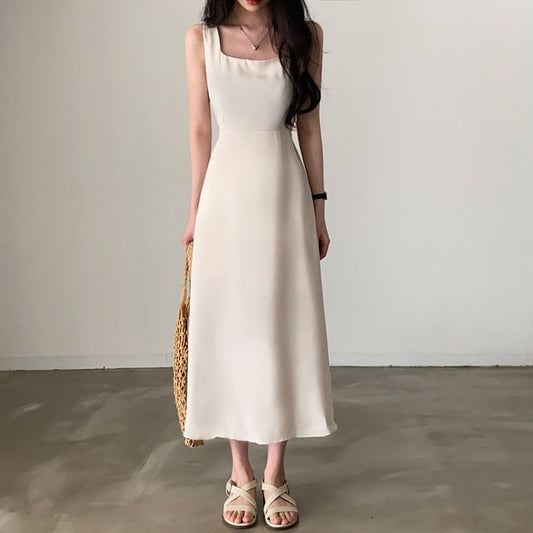 Square Neck A-Line Maxi Dress, Sleeveless Plain