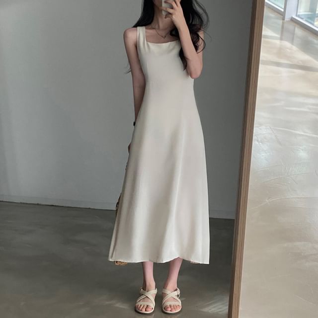 Square Neck A-Line Maxi Dress, Sleeveless Plain