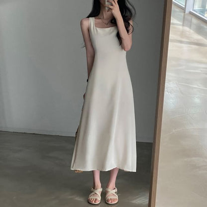 Square Neck A-Line Maxi Dress, Sleeveless Plain