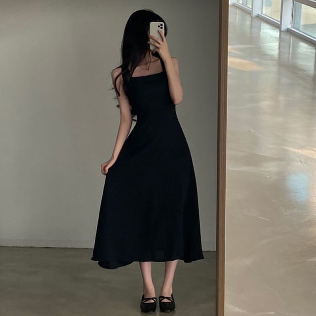 Square Neck A-Line Maxi Dress, Sleeveless Plain