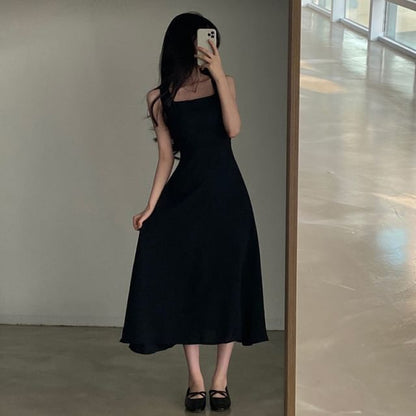 Square Neck A-Line Maxi Dress, Sleeveless Plain