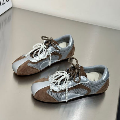 Square Toe Beaded Bow Panel Mesh Sneakers