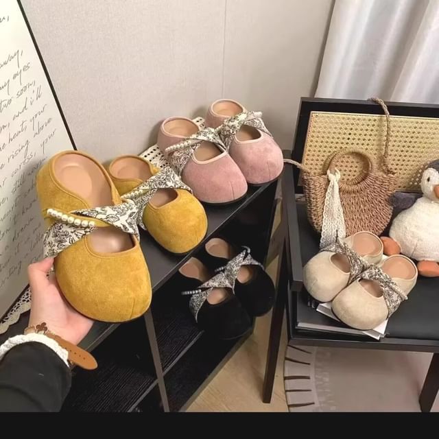 Floral Print Faux Pearl Panel Mary Jane Mules