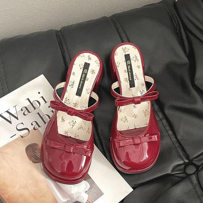 Bow Patent Leather Block Heel Mary Jane Mules