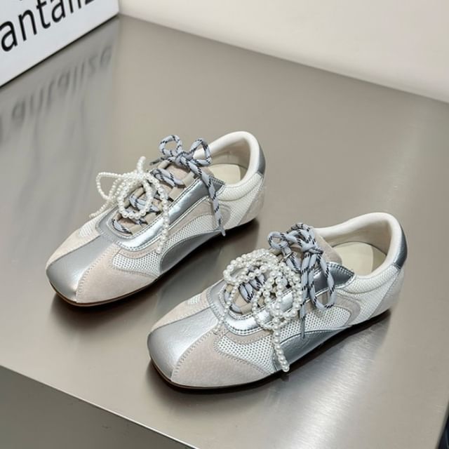 Square Toe Beaded Bow Panel Mesh Sneakers