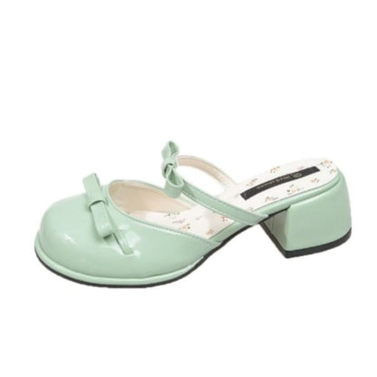 Bow Patent Leather Block Heel Mary Jane Mules