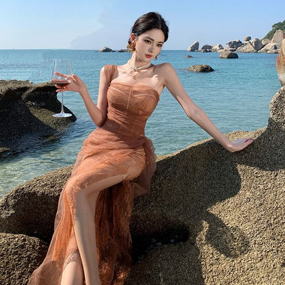 Shoulder Sleeveless Plain Sheath One Lace Evening Slit Gown Ruched Mesh Panel