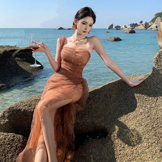 Shoulder Sleeveless Plain Sheath One Lace Evening Slit Gown Ruched Mesh Panel