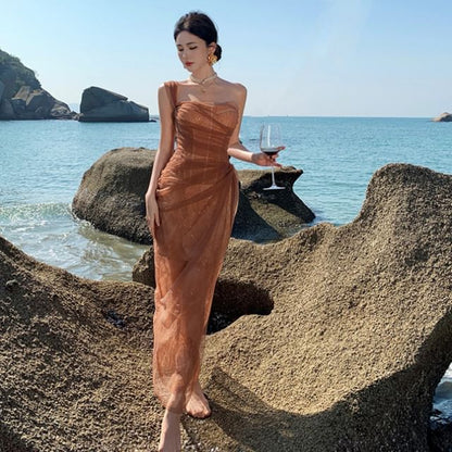 Shoulder Sleeveless Plain Sheath One Lace Evening Slit Gown Ruched Mesh Panel