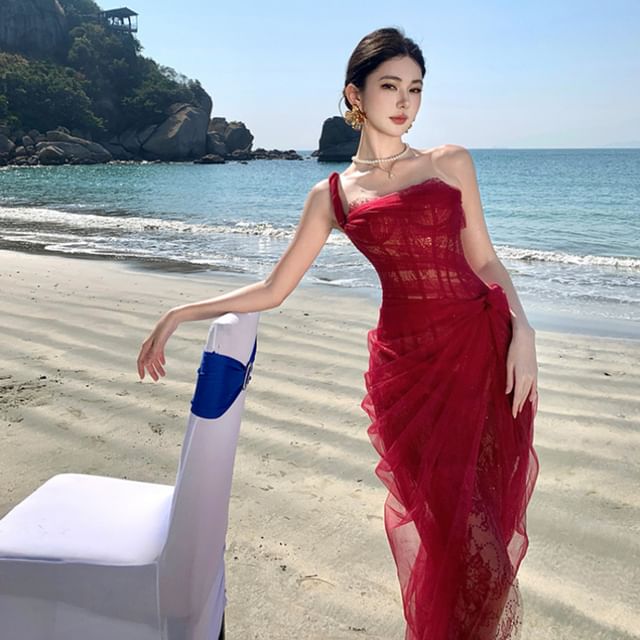 Sleeveless One Shoulder Plain Ruched Slit Lace Panel Mesh Sheath Evening Gown
