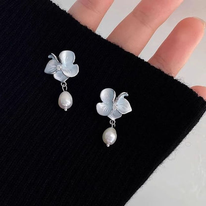 / Pearl Flower Clip Drop Faux On Earring