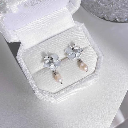 / Pearl Flower Clip Drop Faux On Earring