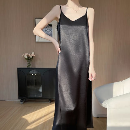 V-Neck Satin A-Line Maxi Dress, Spaghetti Strap