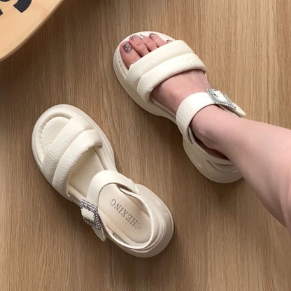 Platform Chunky Heel Rhinestone Buckle Sandals