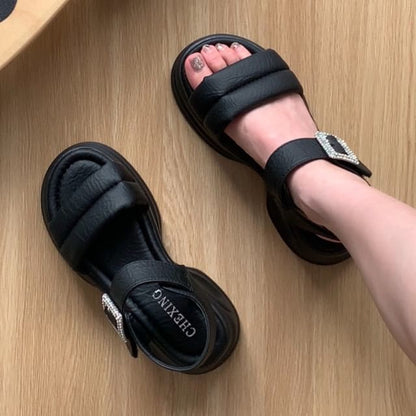 Platform Chunky Heel Rhinestone Buckle Sandals