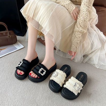 Fringed Trim Rhinestone Buckled Platform Slide Sandals
