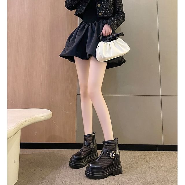 Buckled Mesh Panel Platform Chunky Heel Short Boots
