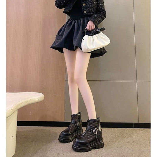 Buckled Mesh Panel Platform Chunky Heel Short Boots