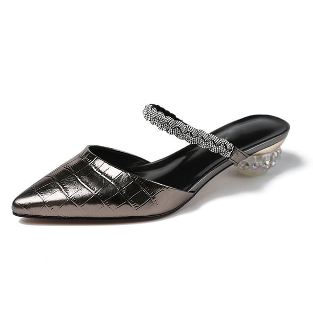 Pointed Rhinestone Low Heel Mules
