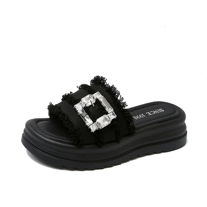 Fringed Trim Rhinestone Buckled Platform Slide Sandals