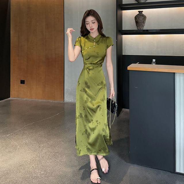 Cap Sleeve Butterfly Print Midi Sheath Qipao