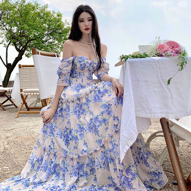 Puff Sleeve Sweetheart Neck Floral Print Tiered Maxi A-Line Dress