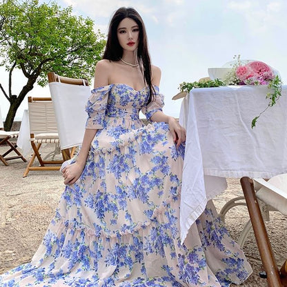 Puff Sleeve Sweetheart Neck Floral Print Tiered Maxi A-Line Dress