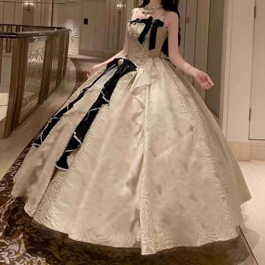 Faux Pearl / Evening Gown Spaghetti A-Line Bow Set Skirt Ruffle Trim Strap Petticoat