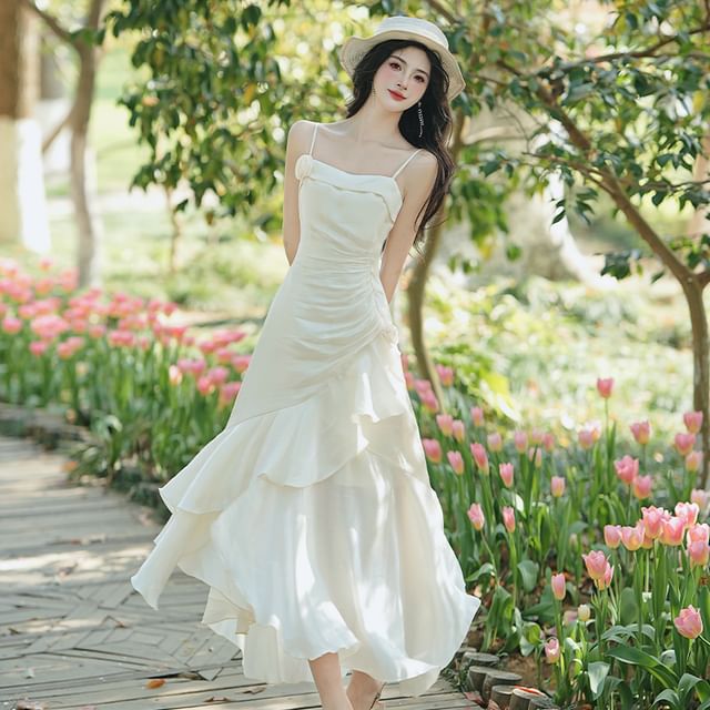 Spaghetti Strap Asymmetrical Plain Maxi A-Line Dress