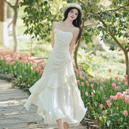 Spaghetti Strap Asymmetrical Plain Maxi A-Line Dress