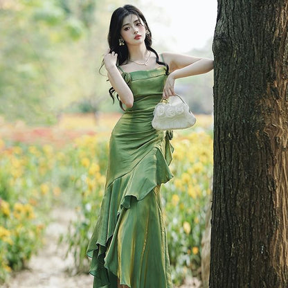 Spaghetti Strap Asymmetrical Plain Maxi A-Line Dress