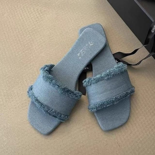 Fringed Trim Slide Sandals