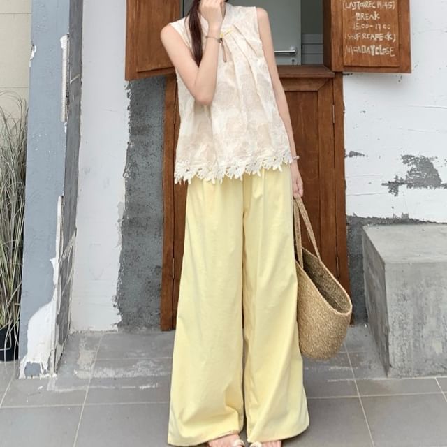 Sleeveless V-Neck Plain Lace Trim Top with High Rise Plain Wide Leg Pants