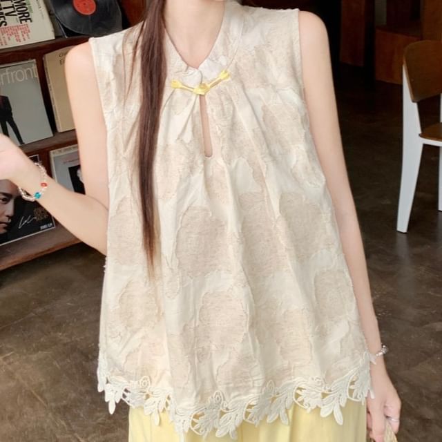 Sleeveless V-Neck Plain Lace Trim Top with High Rise Plain Wide Leg Pants