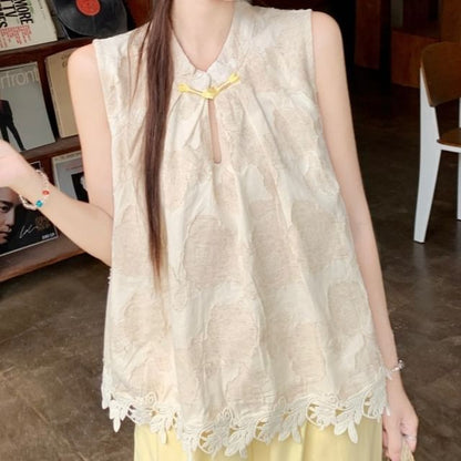 Sleeveless V-Neck Plain Lace Trim Top with High Rise Plain Wide Leg Pants