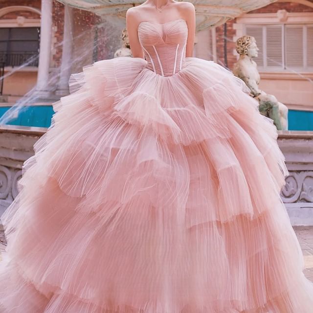 Spaghetti Plain Wedding Strap Ball Gown Tiered