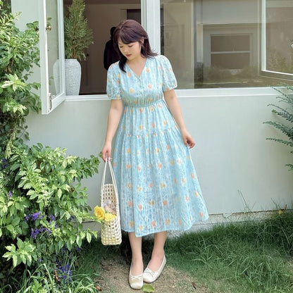 Plus Size Short-Sleeve V-Neck Floral Print Jacquard Midi A-Line Dress