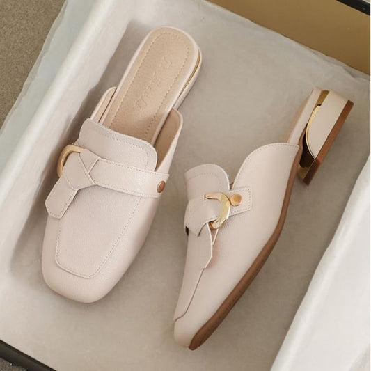 Square Toe Buckled Chunky Heel Loafer Mules