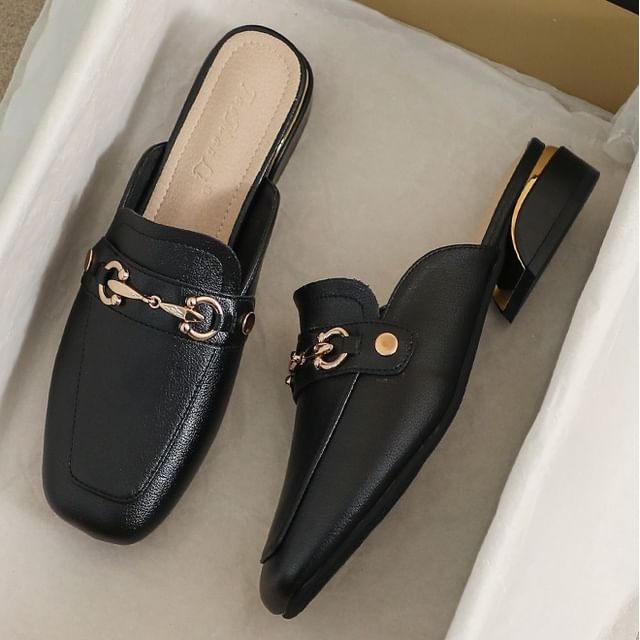 Square Toe Horsebit Chunky Heel Loafer Mules