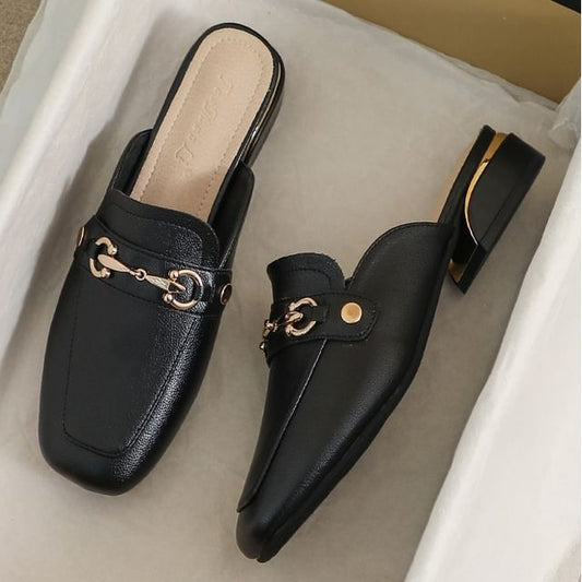 Square Toe Horsebit Chunky Heel Loafer Mules