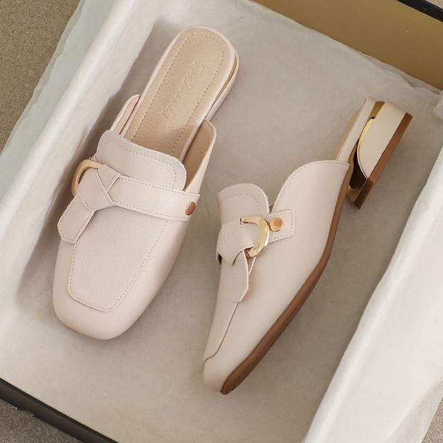 Square Toe Buckled Chunky Heel Loafer Mules