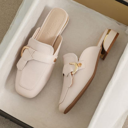 Square Toe Buckled Chunky Heel Loafer Mules
